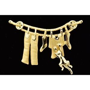 AJC Vintage Cat Pin Brooch Hanging Clothes Line Brushed Gold Signed NOS BinBA